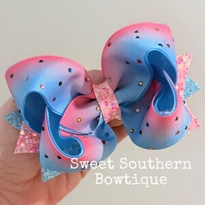 Blue Pink Rhinestone Boutique Hair Bow With Glitter Tails